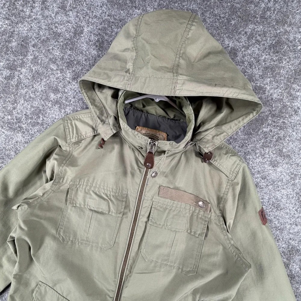 Sierra Designs Hooded Military Jacket Mens M Green Outdoor Zip Up Pockets Hiking